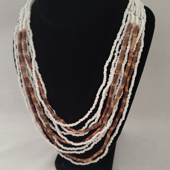 Multi-Strand White and Brown Beaded Statement Necklace - Picture 3 of 7
